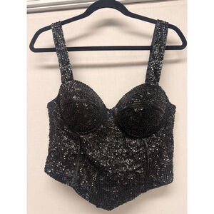 Vintage Women's Bali Blue Black Sequin corset Bustier Crop Top L